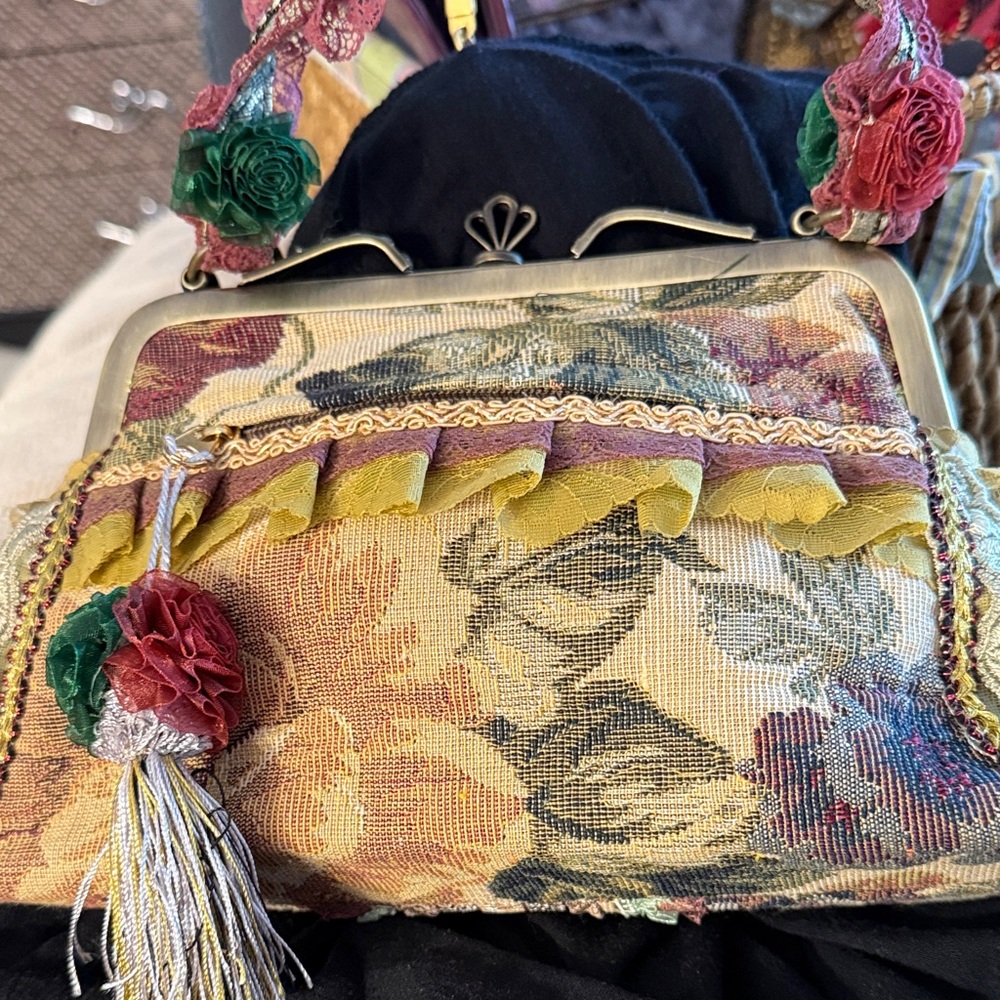 Floral Tapestry Clutch with Gold Frame